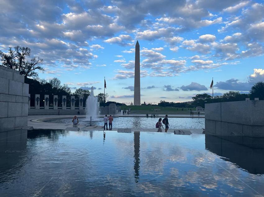 Image: A twilight view of the Washington Monument in the National Mall. 