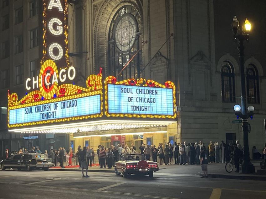 Midnight filming in the Chicago theatre district The Loop.