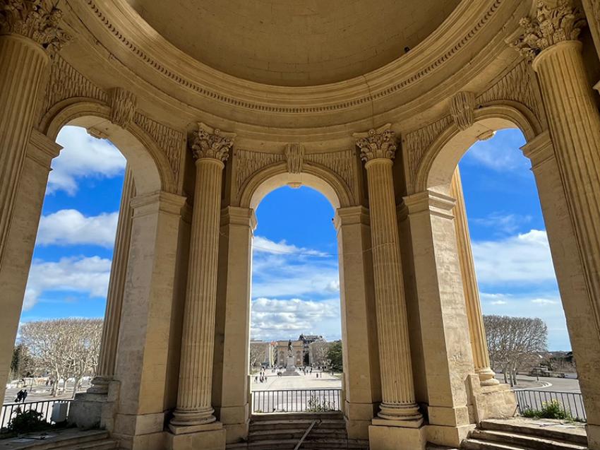 A view of the vista from the columns of the Water Tower, a neo-classical structure, in Peyrou Park. Image by Sujoy Dhar   