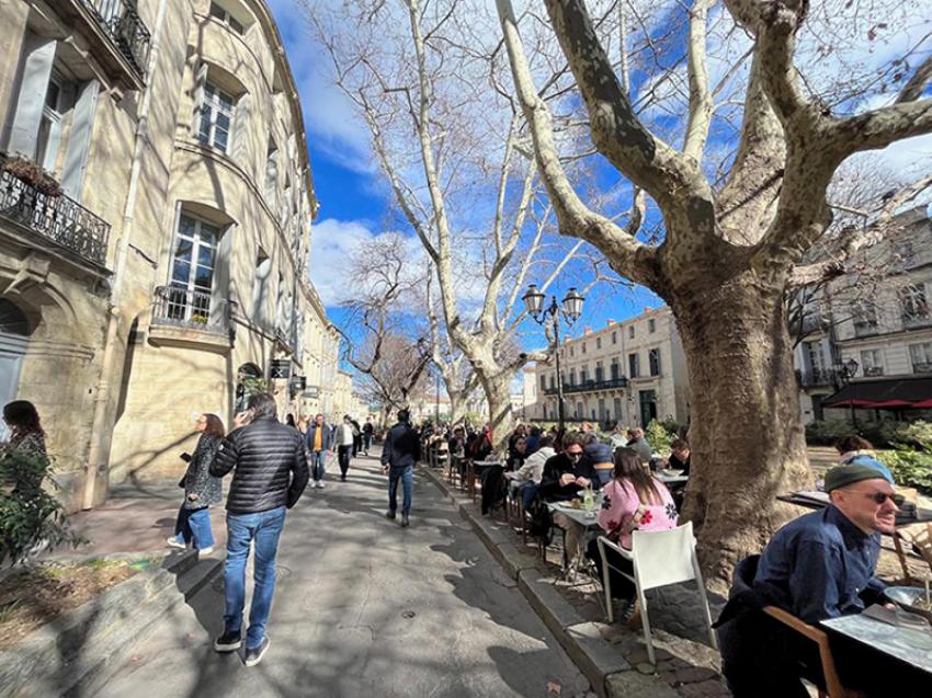 A Montpellier square buzzing with diners on a weekend. Image by Sujoy Dhar