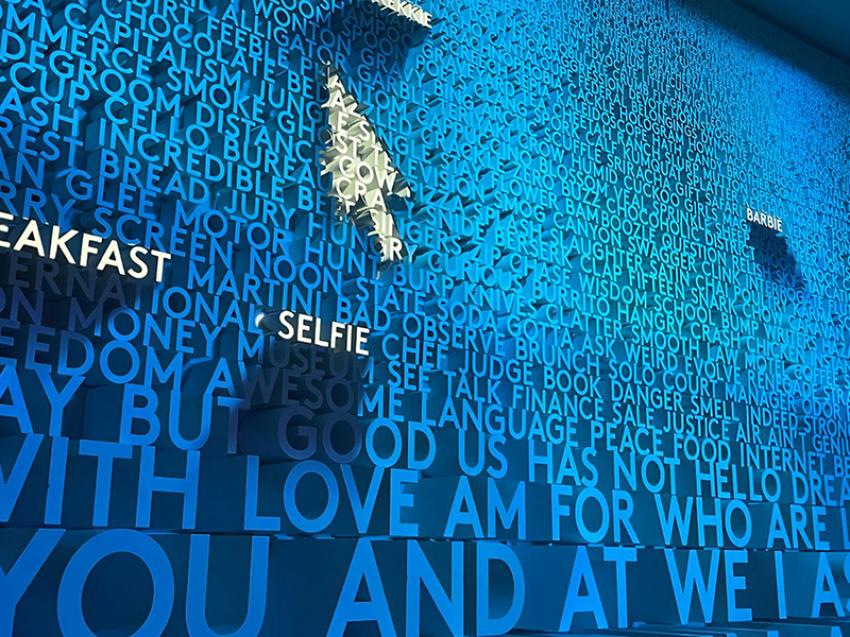A 22-foot-tall  talking word wall shares the story of the English language.