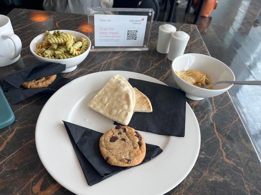 Hummus, pita, pasta and cookies — lounge essentials. Photo: Sujoy Dhar