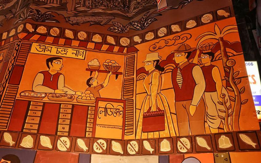 Famous Bengal sweet shops, like Bhim Chandra Nag and their signature mishti form the theme of the Mishtanna Puran pandal at Wellington Square. Photo: Avishek Mitra