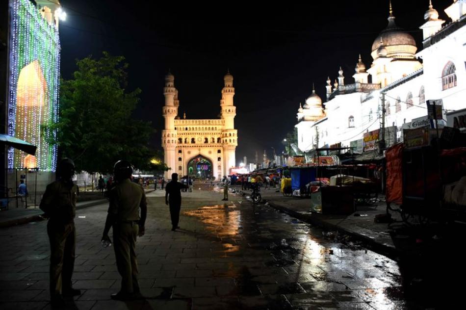 A deserted view of Charminar during night curfew in Hyderabad