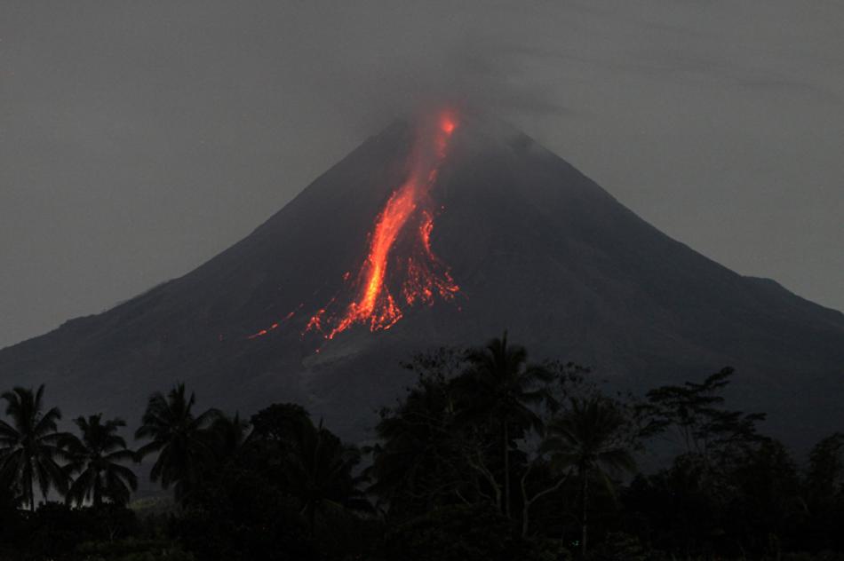 Volcanic materials spewing from Mount Merapi