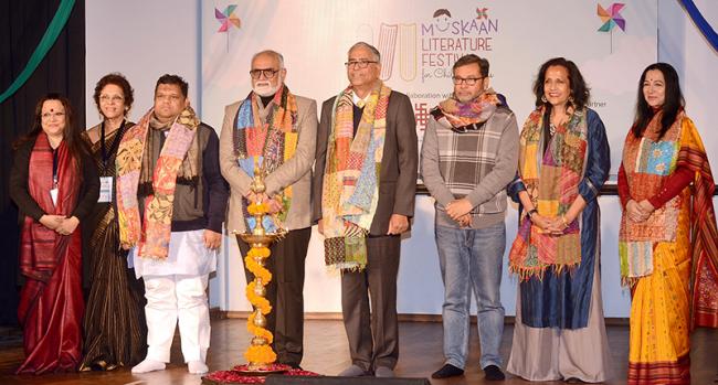 From L to R: Anindita Chatterjee, Executive Trustee, Prabha Khaitan Foundation, Sumitra Ray - Student Programme Advisor of PKF Priyank Kanoongo - National Commission for Protection of Child Rights, Sachchidanand Joshi - Member Secretary, the Executive and Academic Head of Indira Gandhi National Centre for the Arts (IGNCA), K.N. Shrivastava - Director of India International Centre, Anant Vijay - senior journalist, celebrated authors Shobha Tharoor Srinivasan and Kiran Manral at the Muskaan Litfest for Child Authors in Delhi.