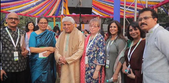 From left M K Singh, Baran Farooqi, Jawed Akhtar, Daisy Rockwell, Rachana Yadav, Poonam Saxena and Yatish Kumar at the Tata Steel Literary Meet 2023 panel discussion - Dhwani Aur Goonj Se Resonance Tak - on translators and translations of Hindi and Urdu literature into English.