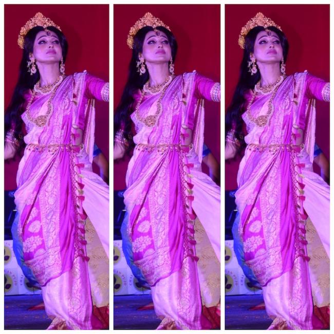 Mimi Chakraborty, Actress and Member of Parliament, rendering a dance performance at the Manicktala Chaltabagan Lohapatty Durga Puja function at the ITC Royal Bengal, Kolkata