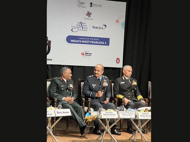 The chiefs of Indian Army, Air and Naval Staff at the Kitaab book launch event in Delhi organized by Prabha Khaitan Foundation