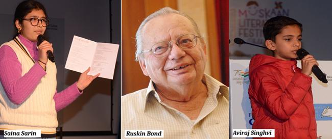Young authors at the Muskaan Litfest for Child Authors in Delhi; author Ruskin Bond