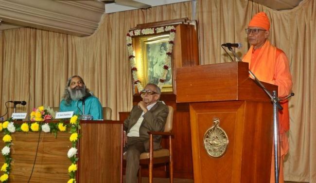 Swami Suparnananda Maharaj speaks at the function to remember Prof. SK Chakraborty. Photo: PR Team