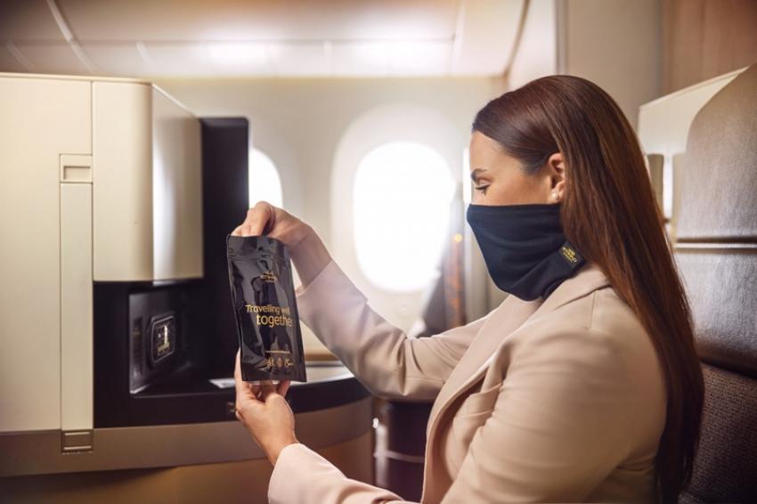 Etihad Airways offering snood style facemasks to premium class passengers for comfort Etihad Airways offering snood style facemasks to premium class passengers for comfort